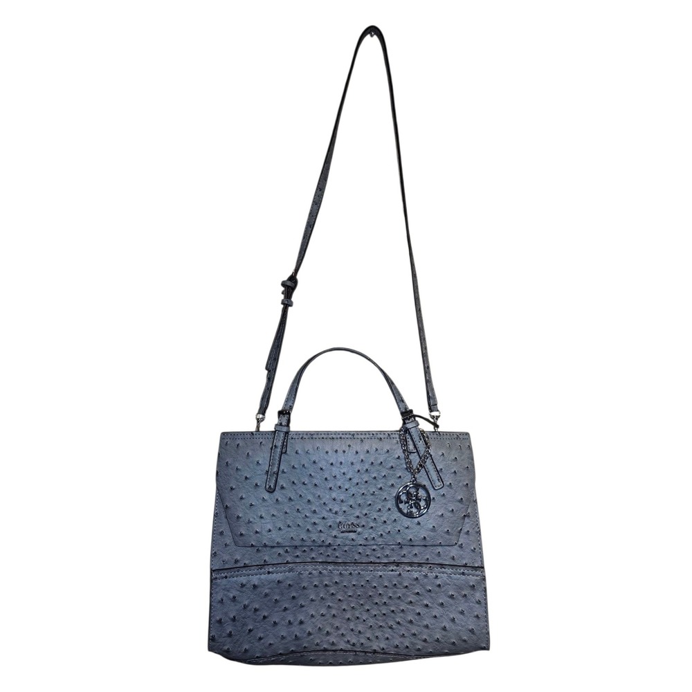Guess Satchel Top Handle Shoulder Bag Faux Ostrich Brahmin Embossed Faux Leather